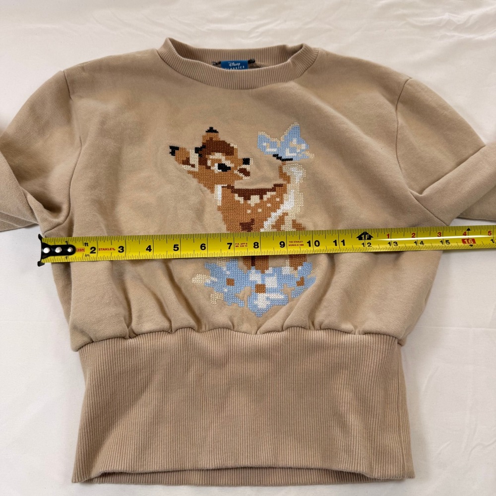 Zara Disney Classics Bambi Sweatshirt Tan Cropped Ribbed Waistband‎ Women Small - Picture 6 of 8